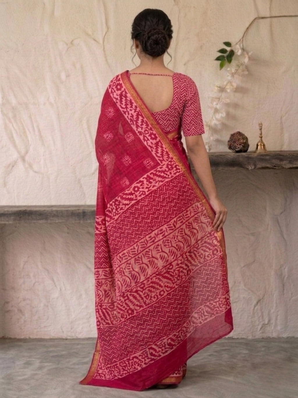 Pink Draped Cotton Batik Saree with Blouse Piece