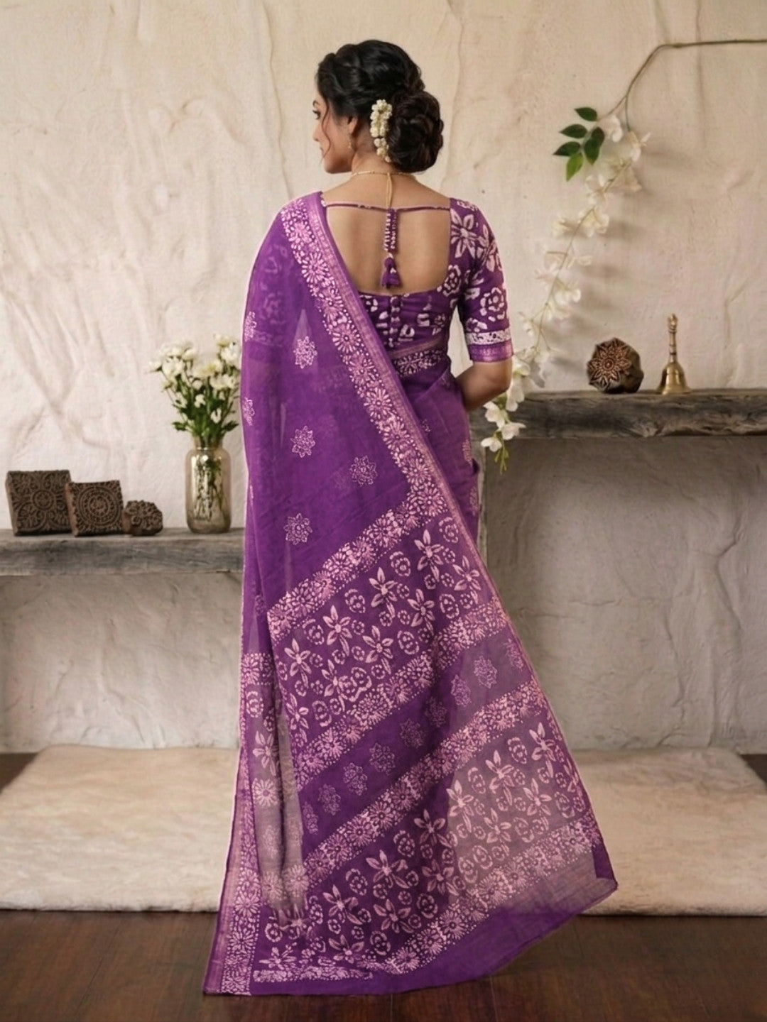 Lavender Vibrant Cotton Batik Saree with Blouse Piece