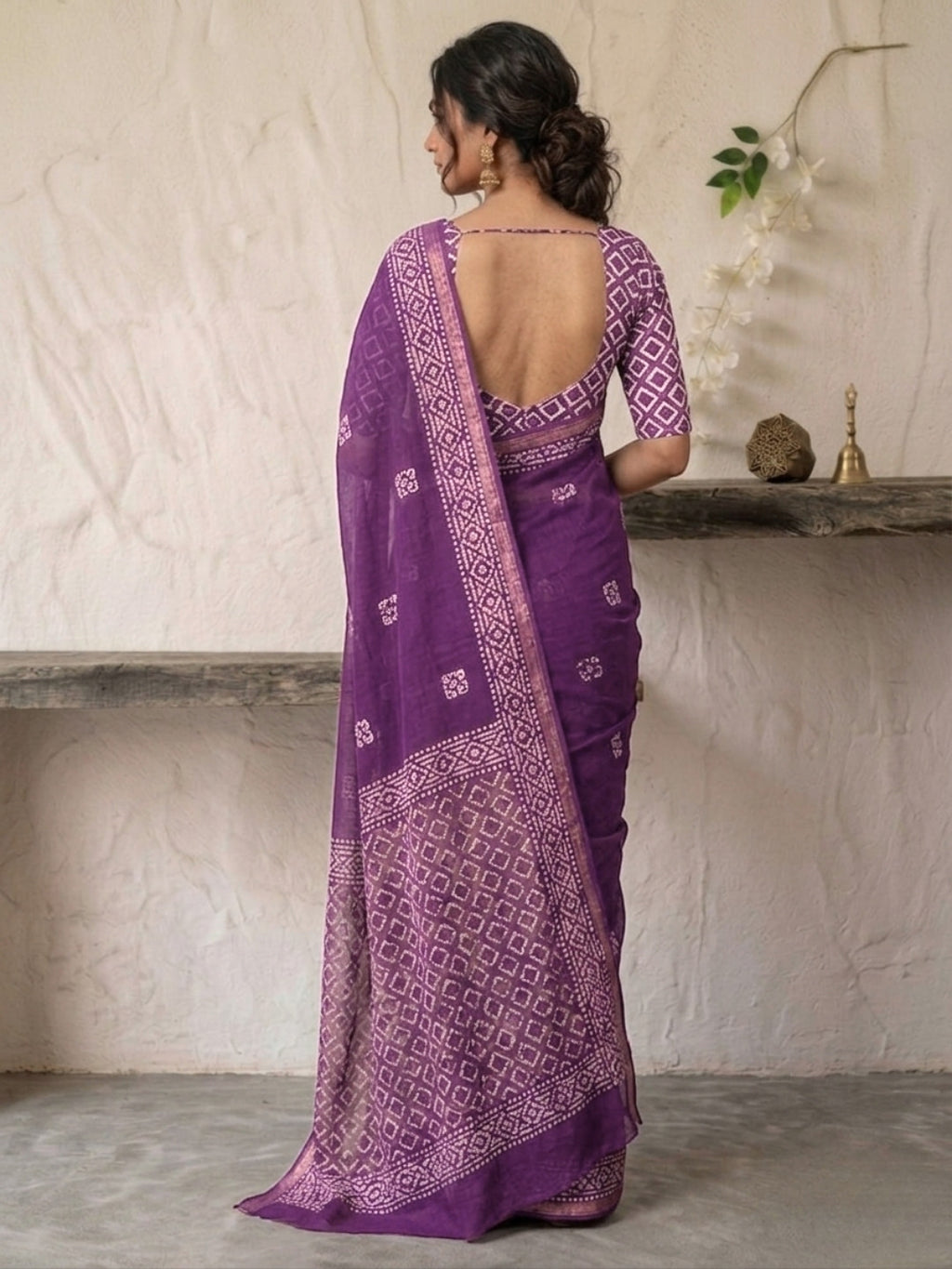 Lavender Floral Prints Cotton Batik Saree with Blouse Piece