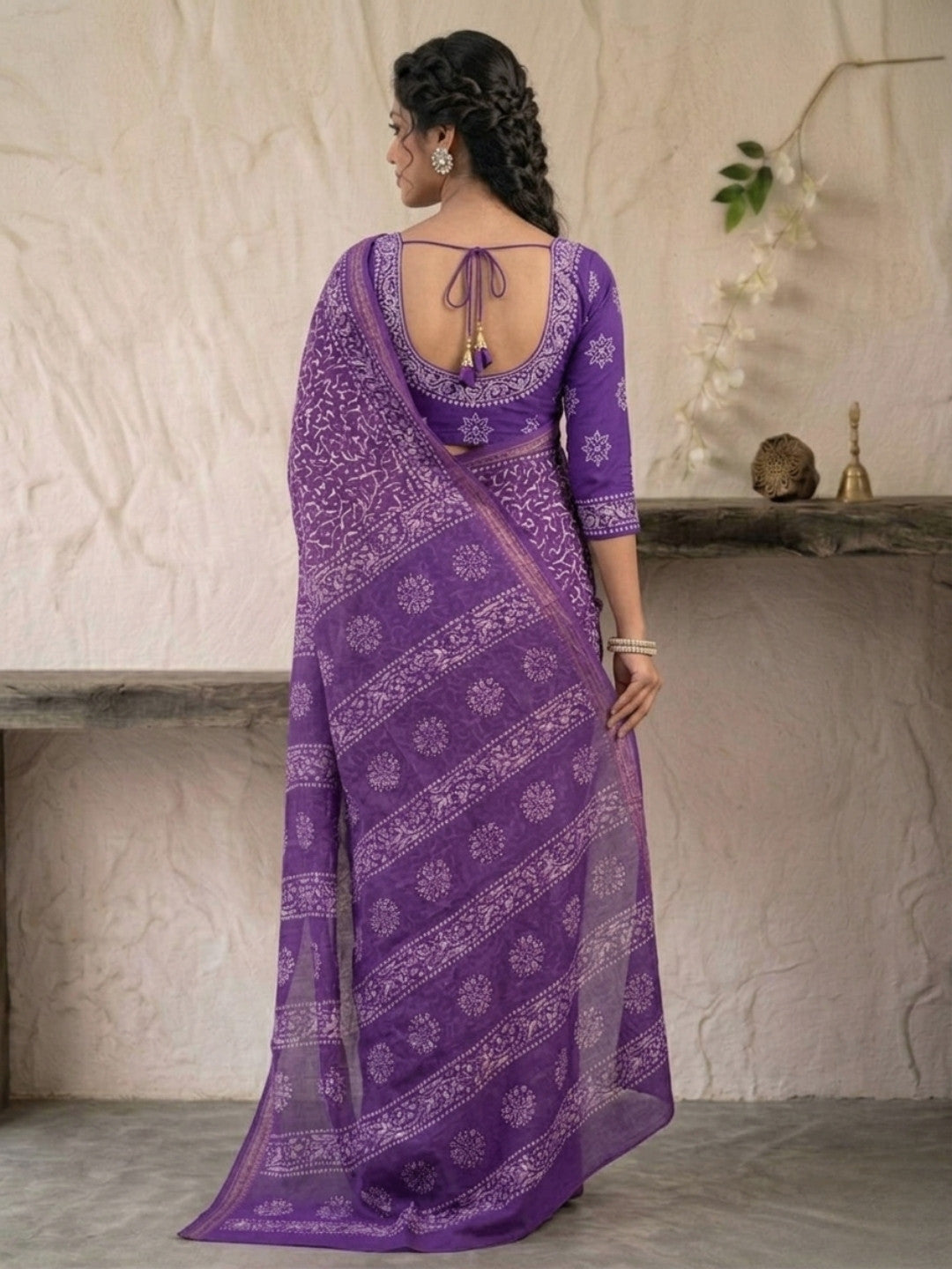Lavender Floral Prints Cotton Batik Saree with Blouse Piece