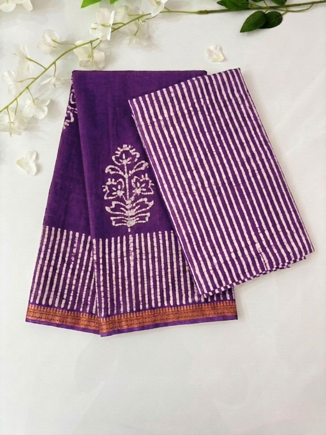 Lavender Floral Prints Cotton Batik Saree with Blouse Piece