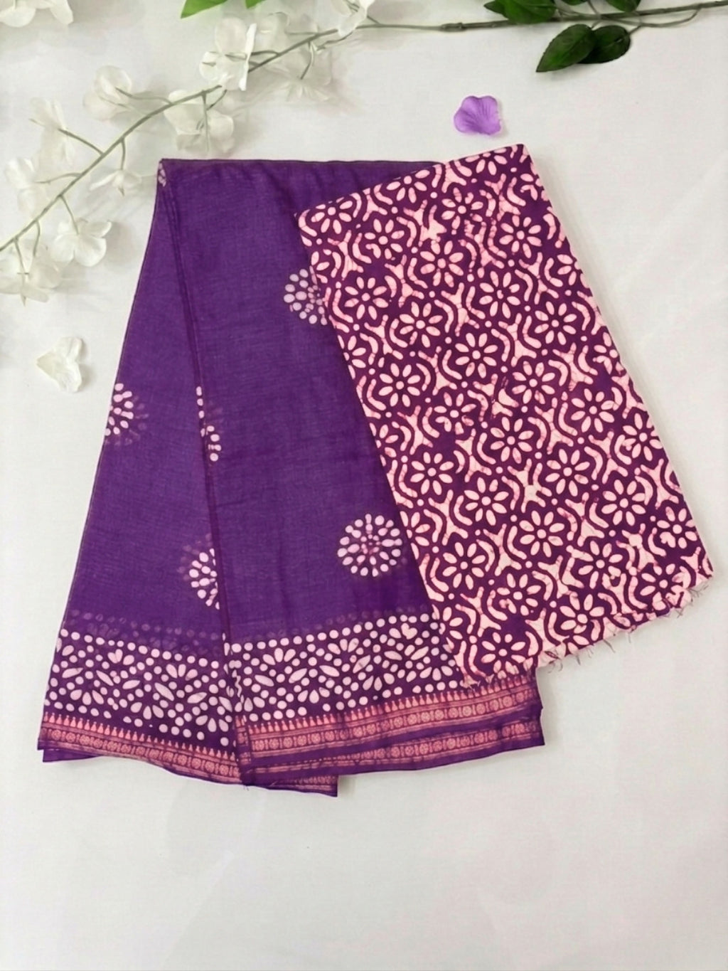 Lavender Traditional Cotton Batik Saree with Blouse Piece
