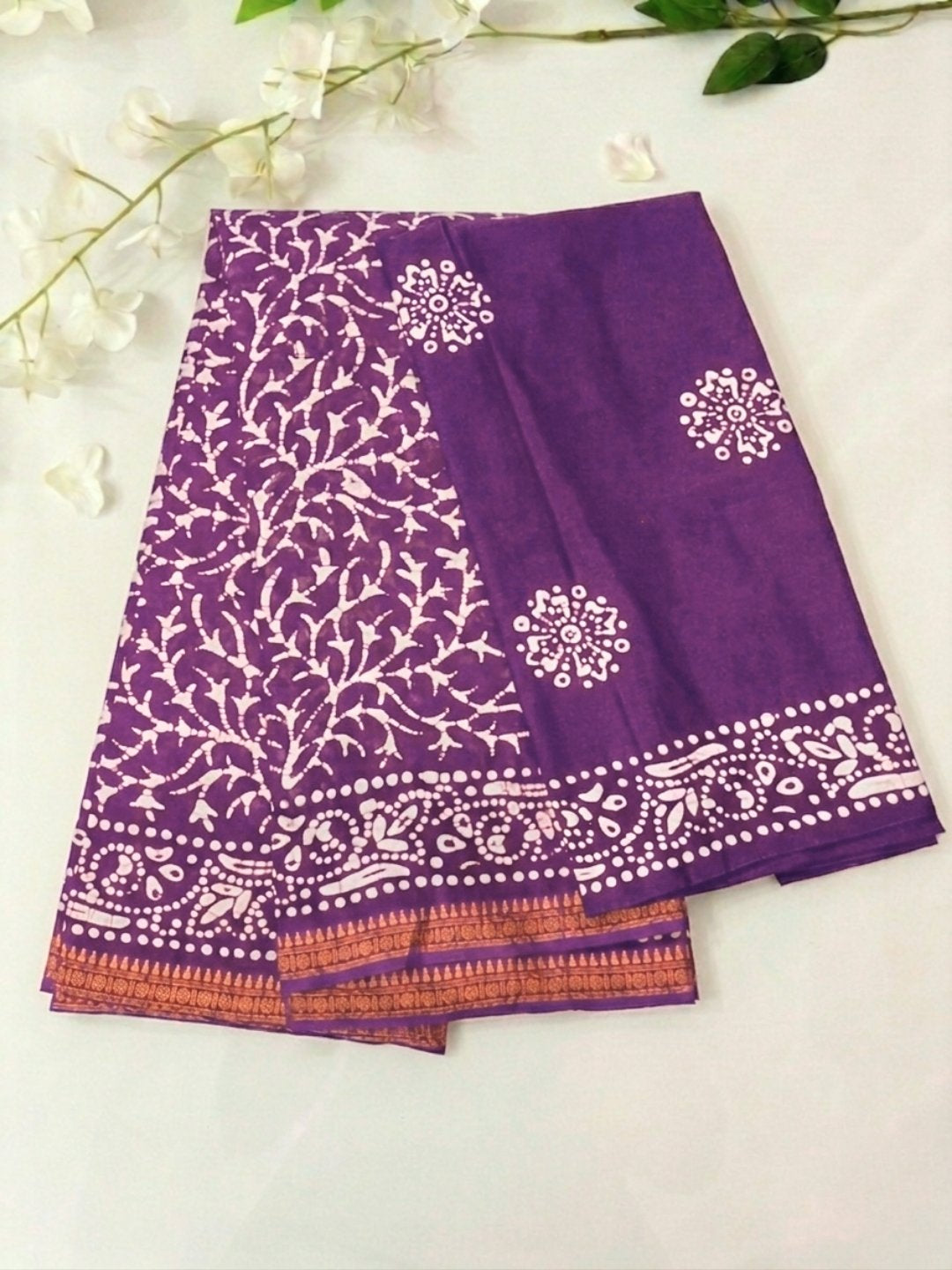 Lavender Floral Prints Cotton Batik Saree with Blouse Piece