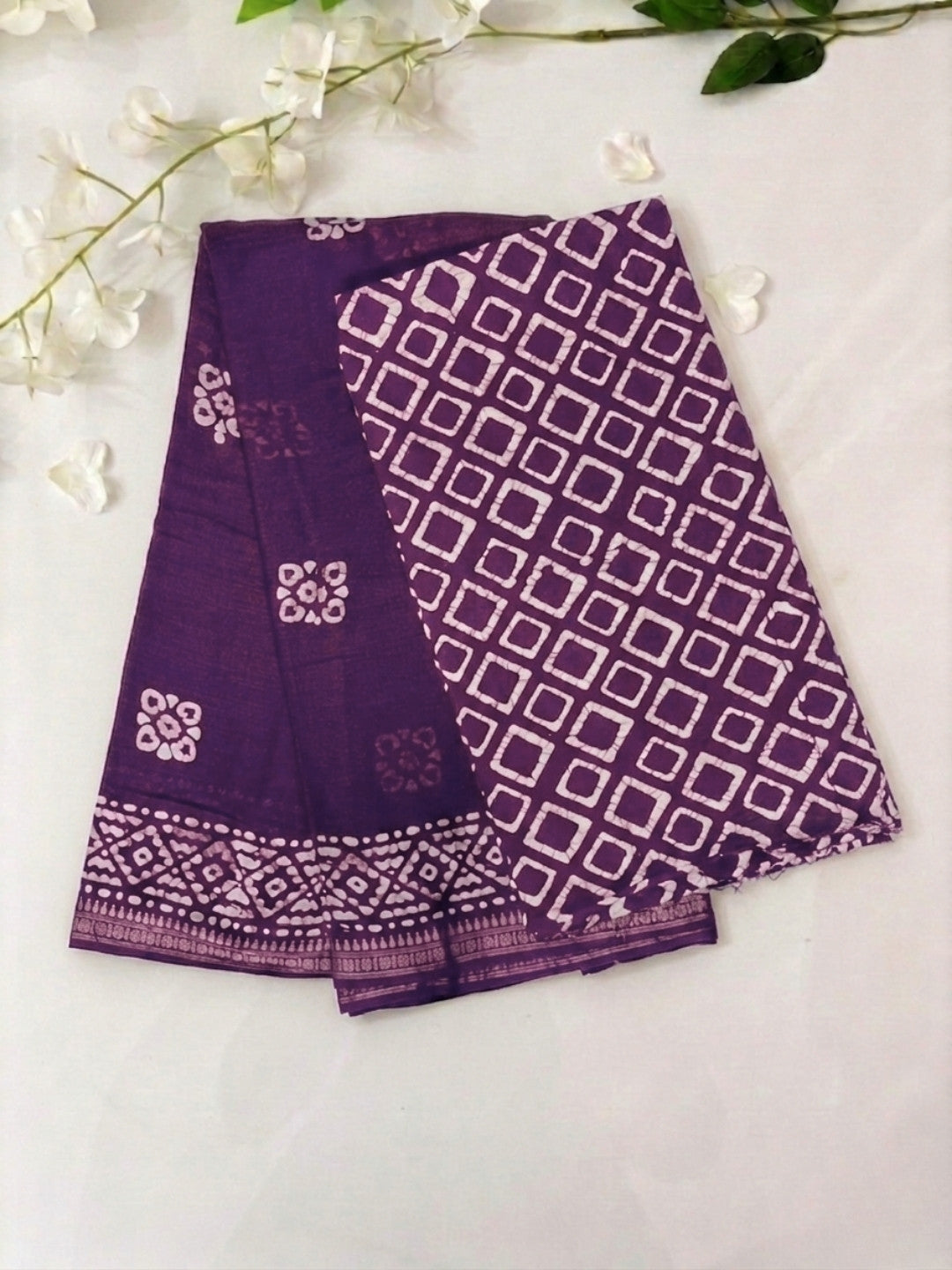 Lavender Floral Prints Cotton Batik Saree with Blouse Piece
