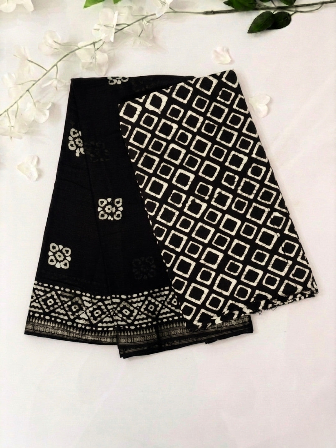 Black Elegant Cotton Batik Saree with Blouse Piece