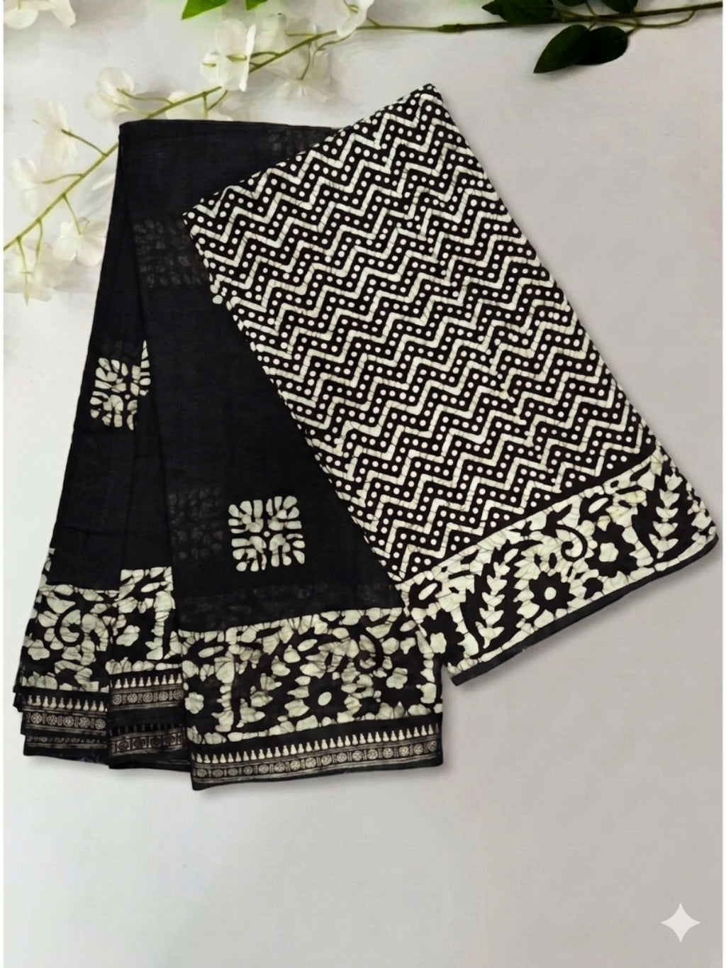 Black Premium Cotton Batik Saree with Blouse Piece
