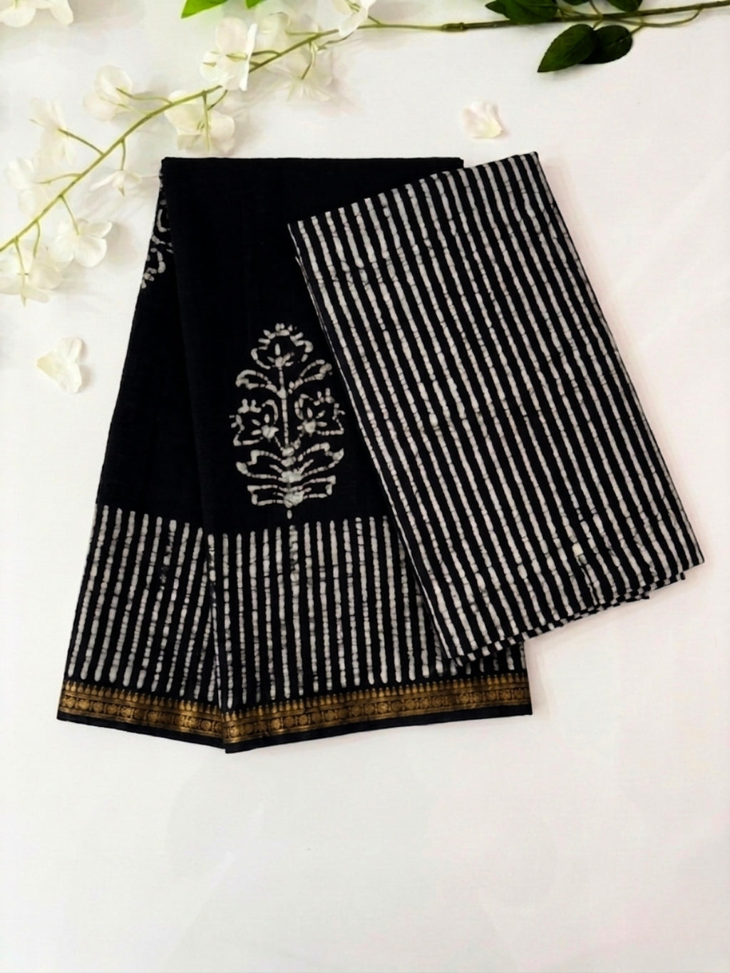 Black Elegant Cotton Batik Saree with Blouse Piece
