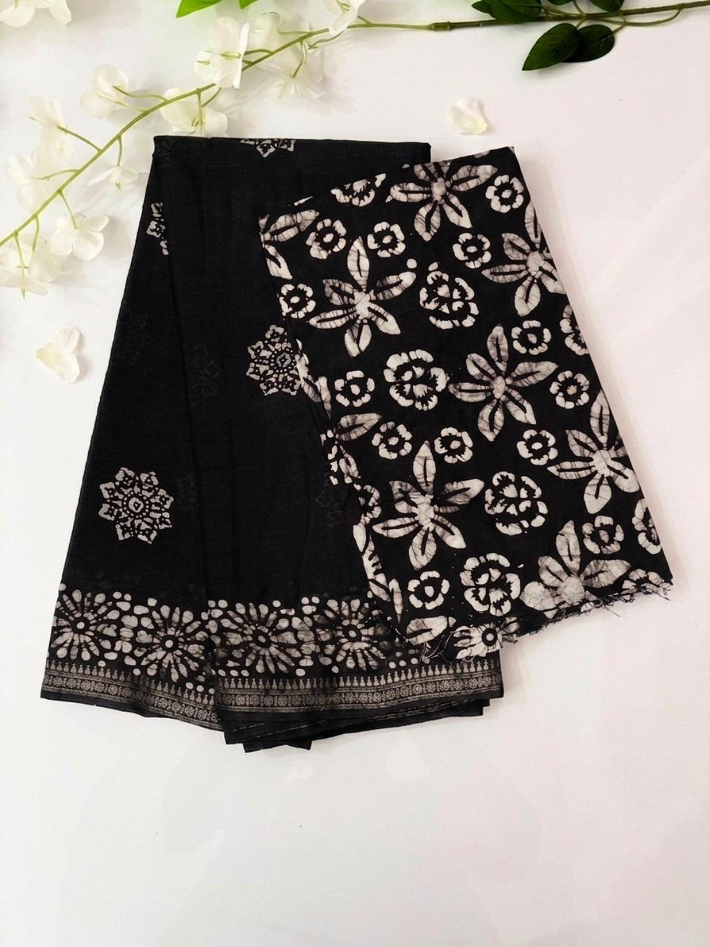 Black Traditional Cotton Batik Saree with Blouse Piece