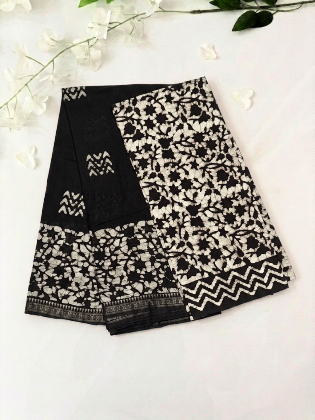Black Vibrant Cotton Batik Saree with Blouse Piece
