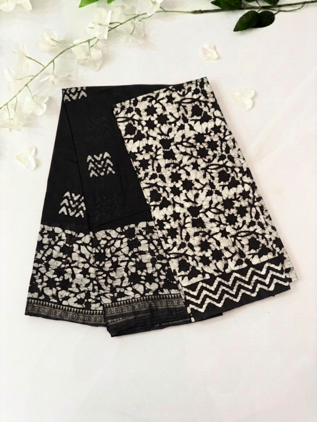 Black Vibrant Cotton Batik Saree with Blouse Piece
