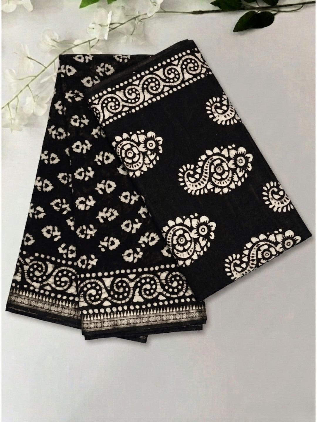 Black Elegant Cotton Batik Saree with Blouse Piece