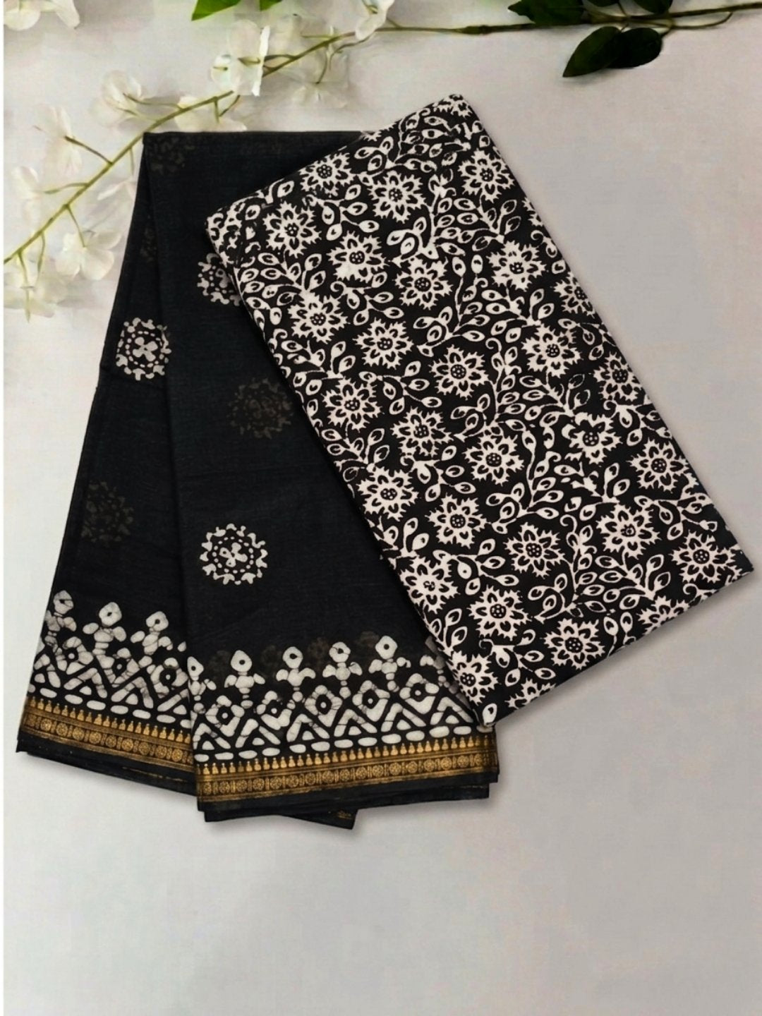 Black Traditional Cotton Batik Saree with Blouse Piece