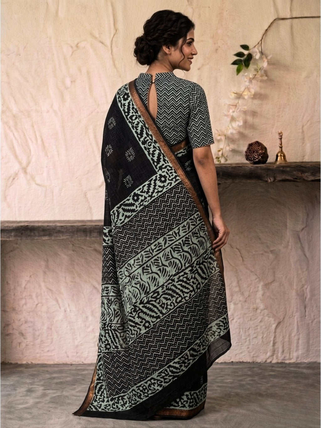 Black Premium Cotton Batik Saree with Blouse Piece