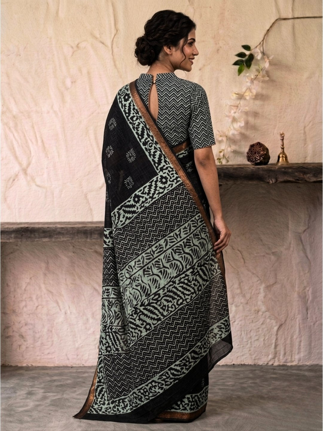 Black Premium Cotton Batik Saree with Blouse Piece