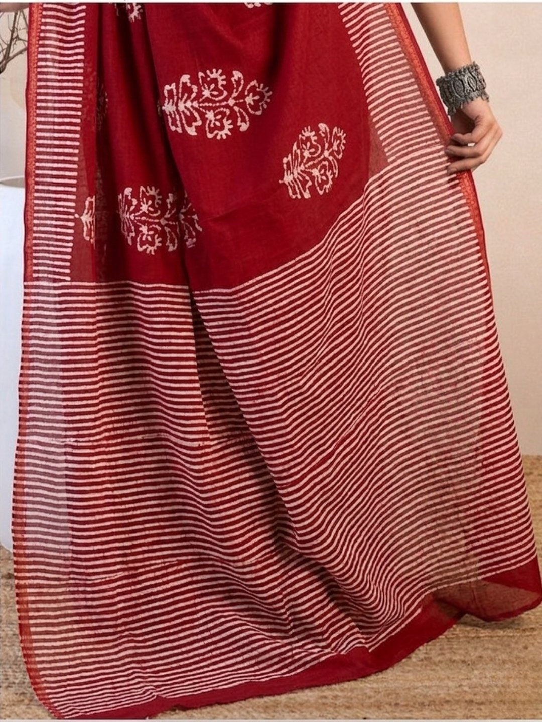 Red Regal Cotton Batik Saree with Blouse Piece