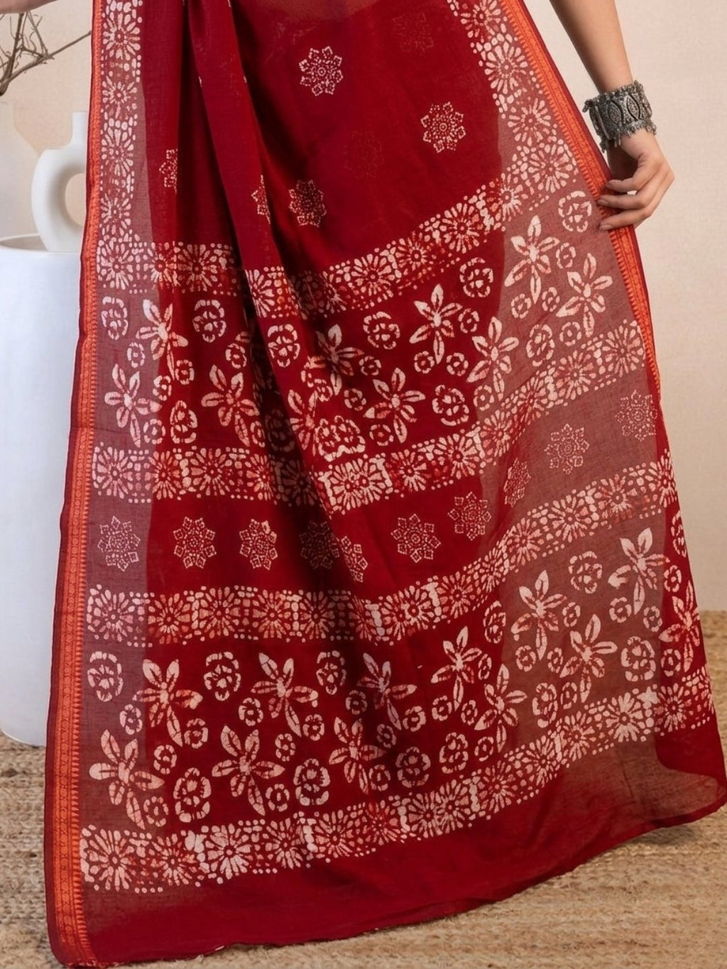Red Sublime Cotton Batik Saree with Blouse Piece