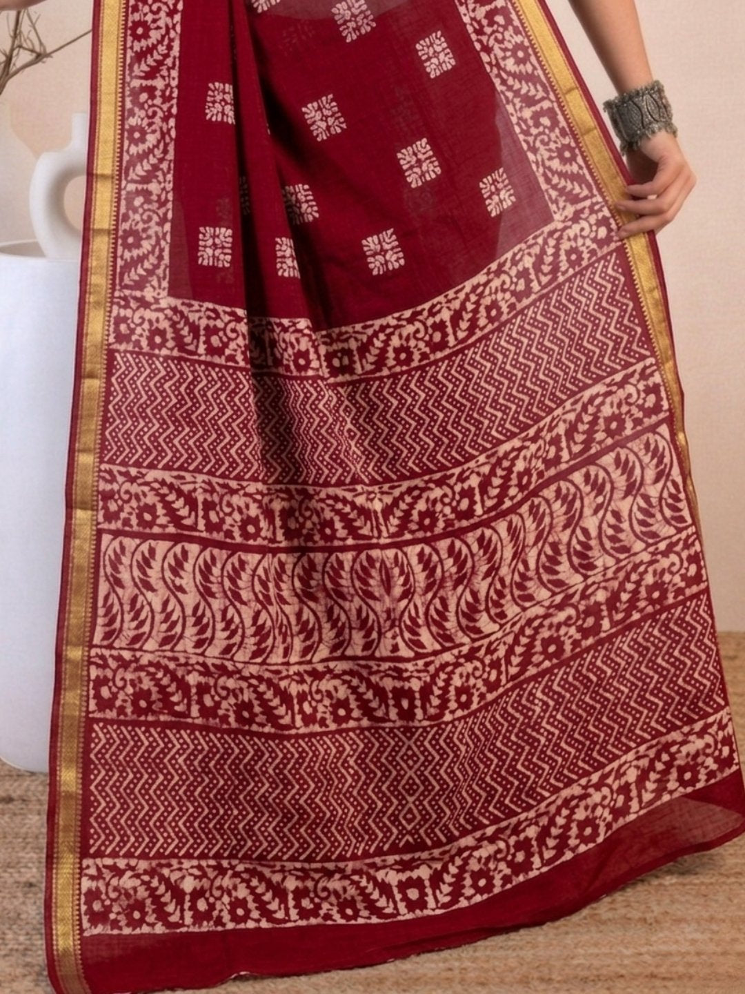 Red Ornate Cotton Batik Saree with Blouse Piece