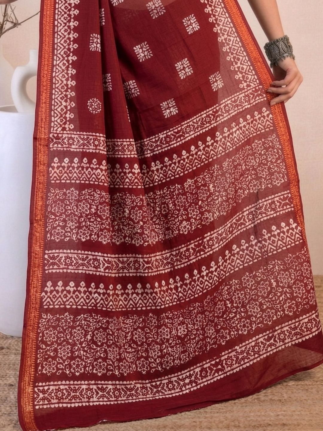Red Jeweled Cotton Batik Saree with Blouse Piece