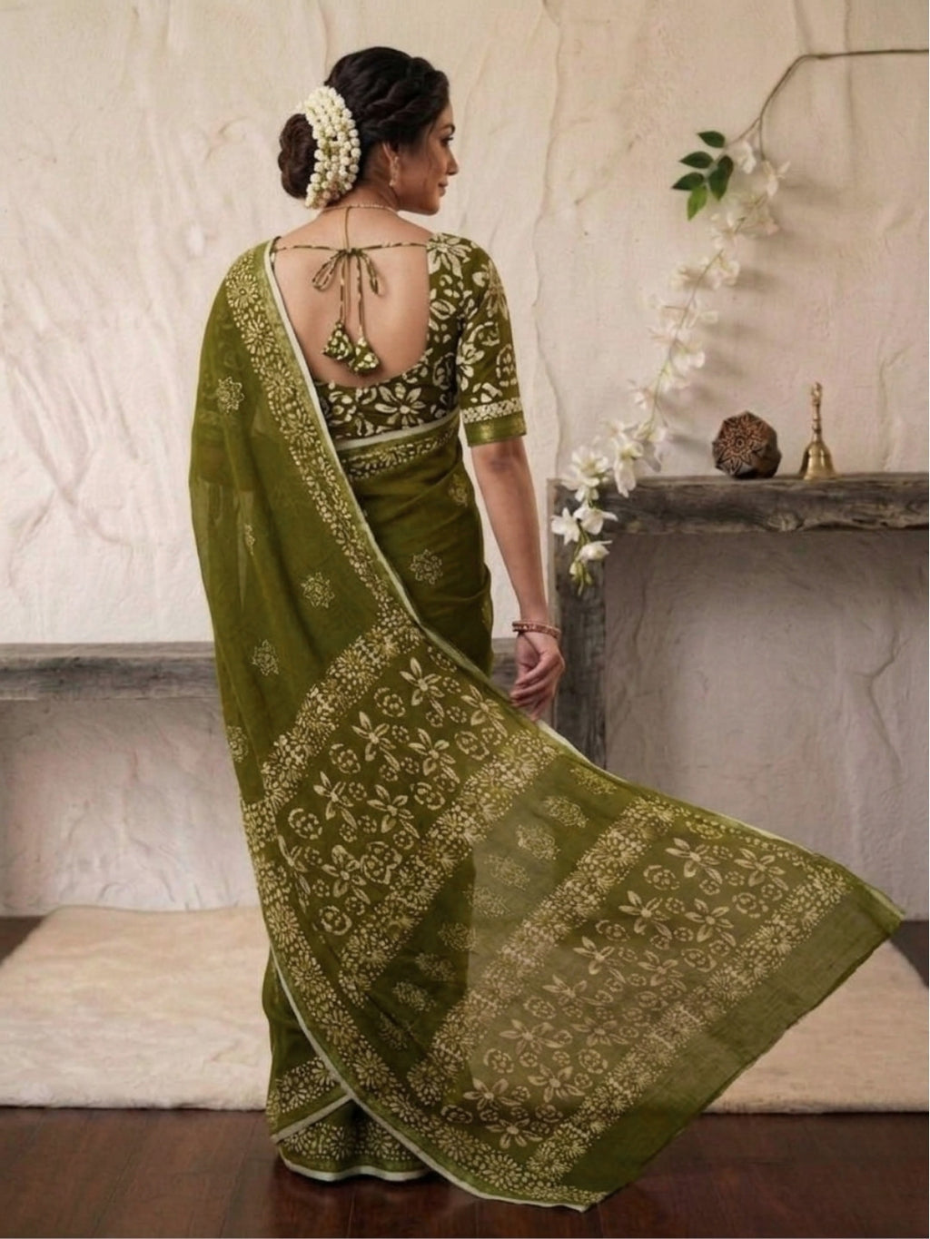 Olive Green Festive Cotton Batik Saree with Blouse Piece