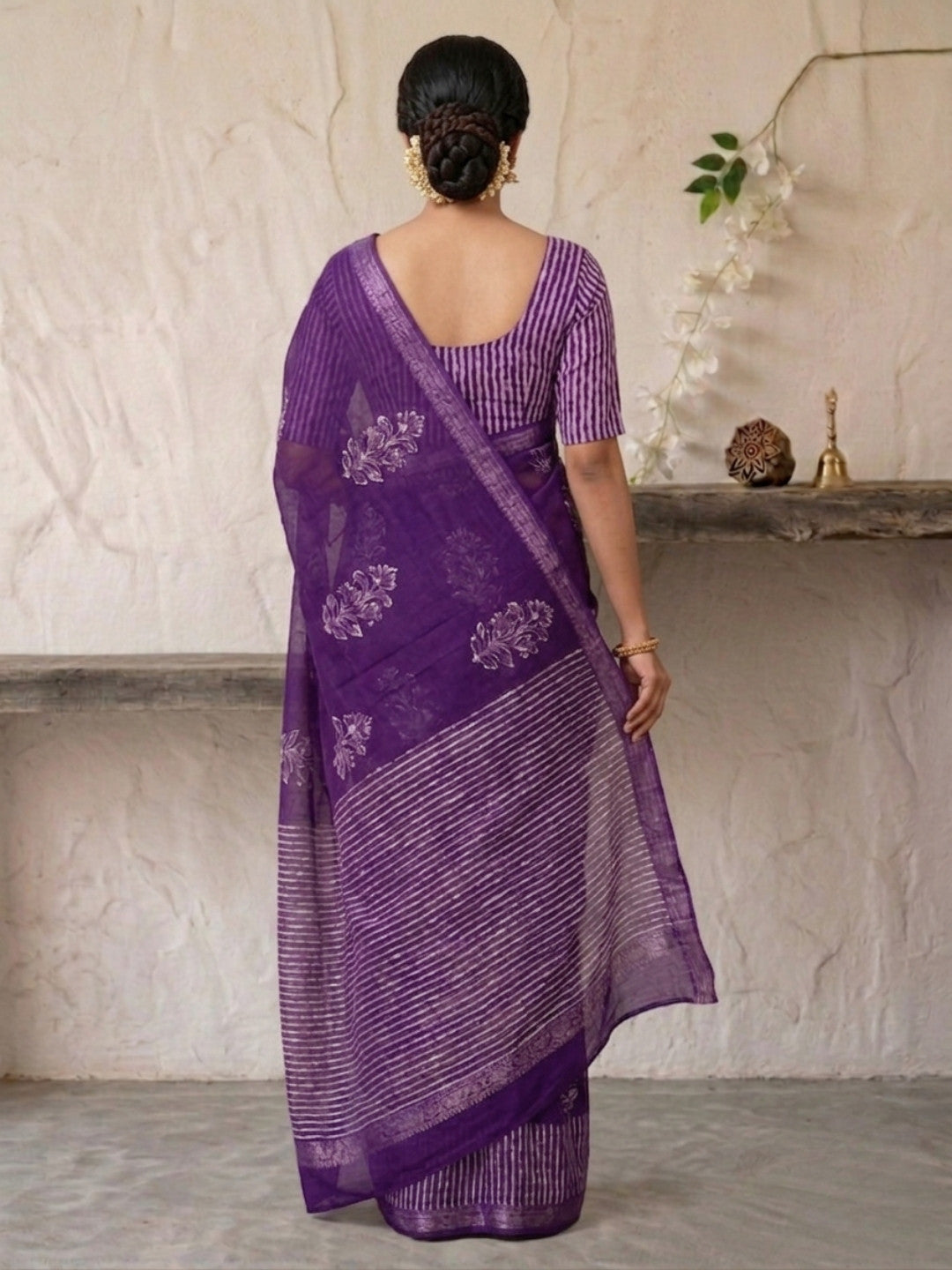 Lavender Floral Prints Cotton Batik Saree with Blouse Piece