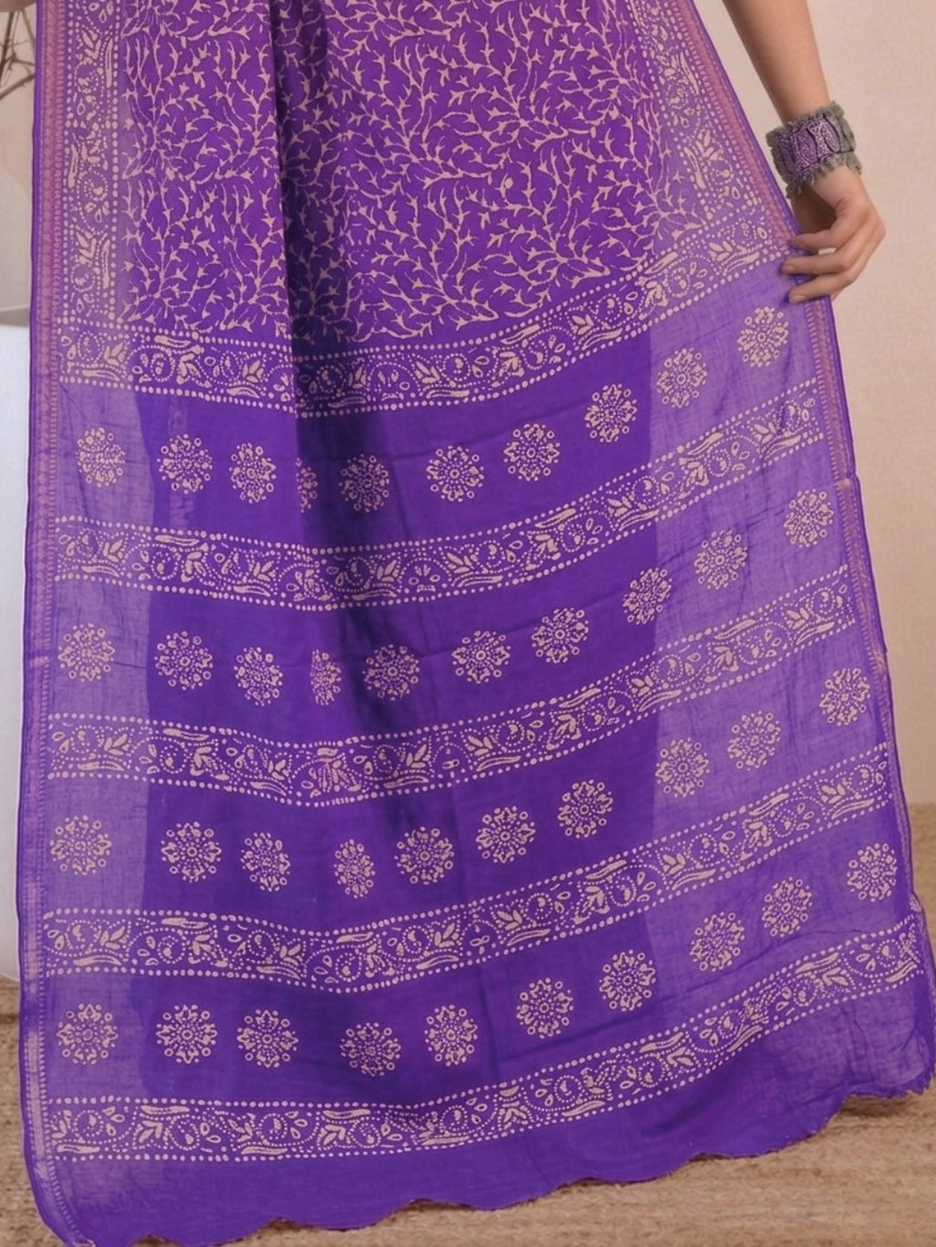 Lavender Floral Prints Cotton Batik Saree with Blouse Piece