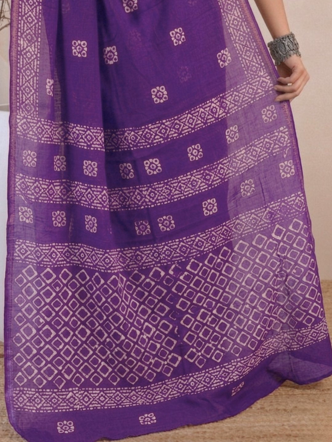 Lavender Floral Prints Cotton Batik Saree with Blouse Piece