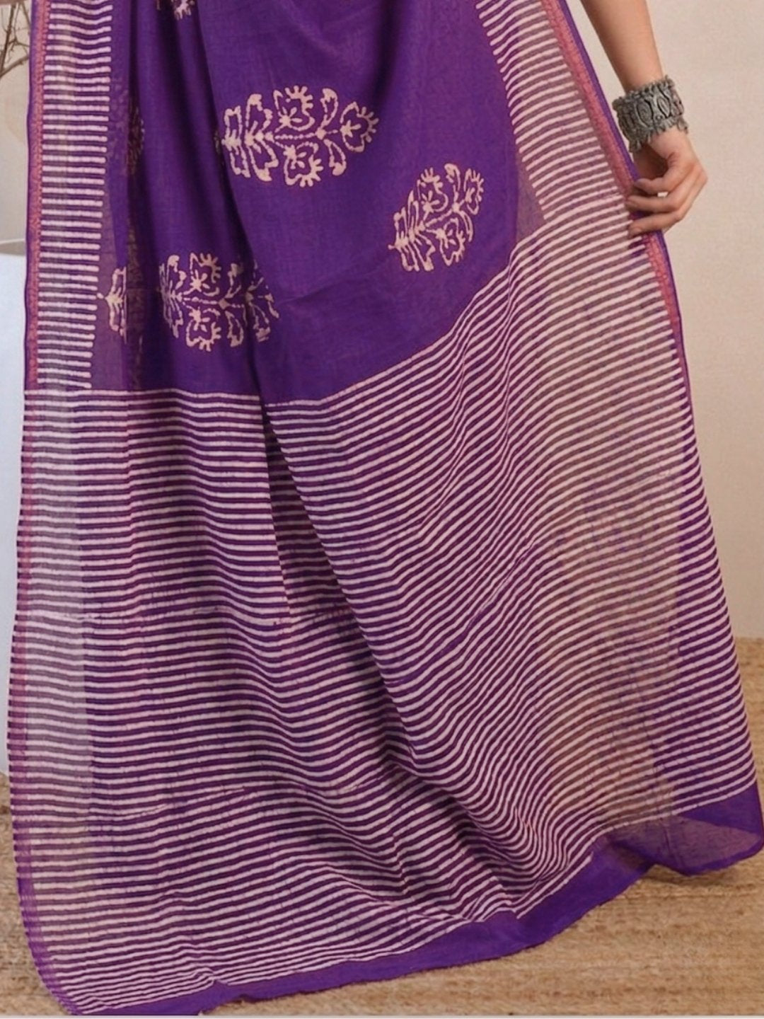 Lavender Floral Prints Cotton Batik Saree with Blouse Piece