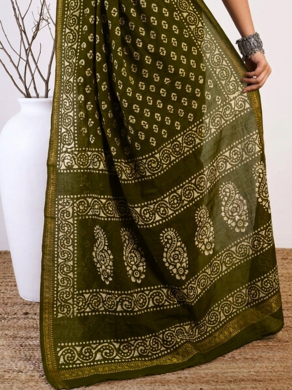 Olive Green Radiant Cotton Batik Saree with Blouse Piece