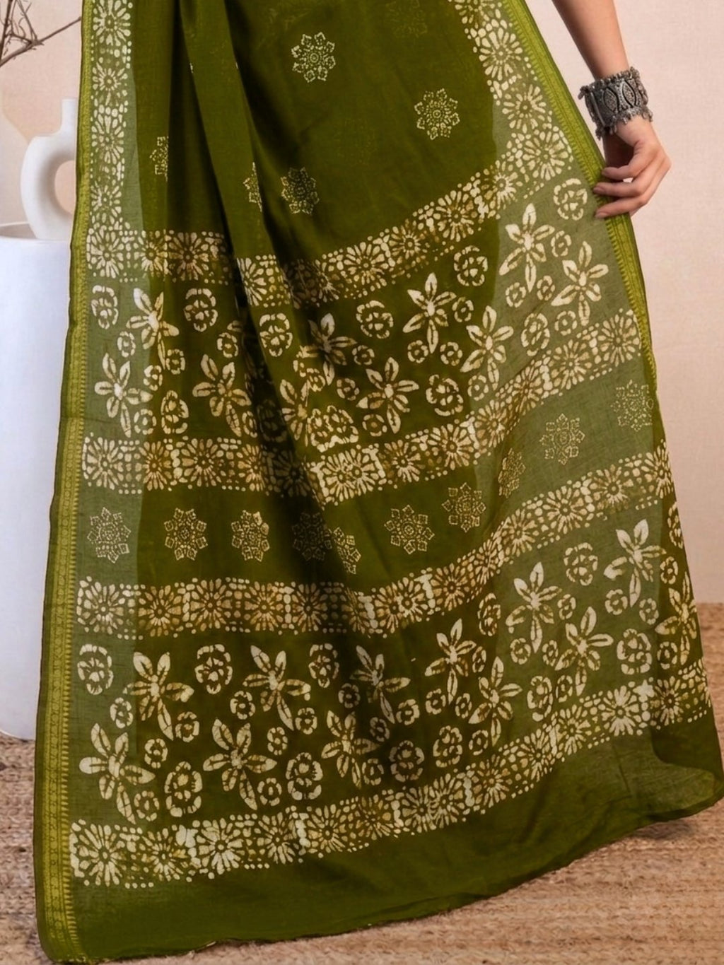 Olive Green Festive Cotton Batik Saree with Blouse Piece