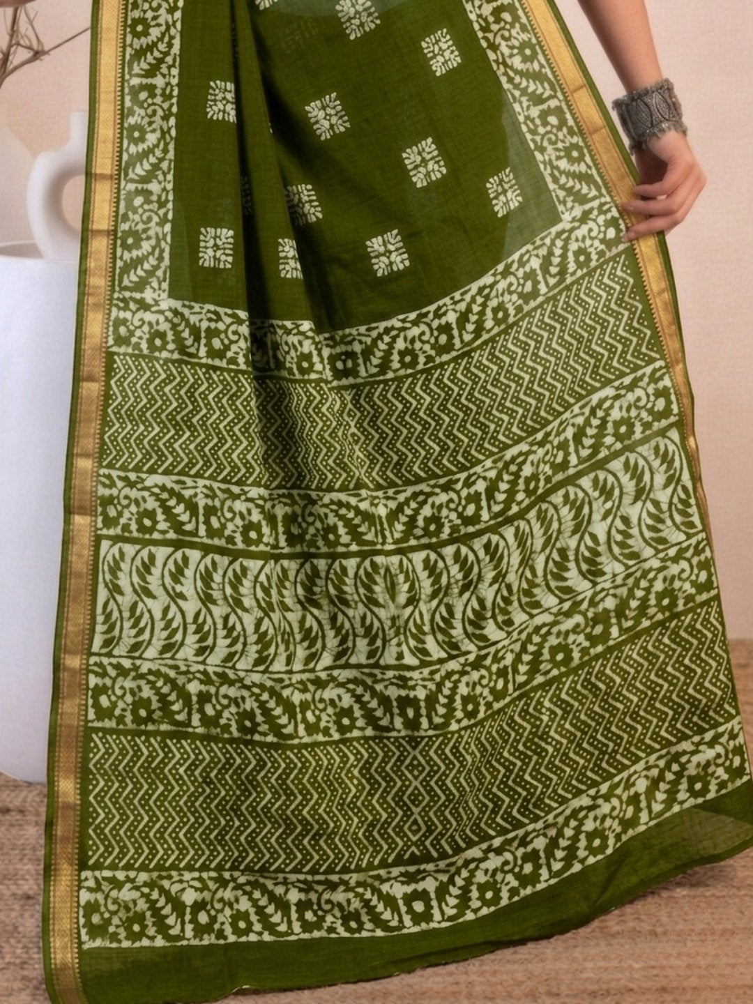 Olive Green Festive Cotton Batik Saree with Blouse Piece