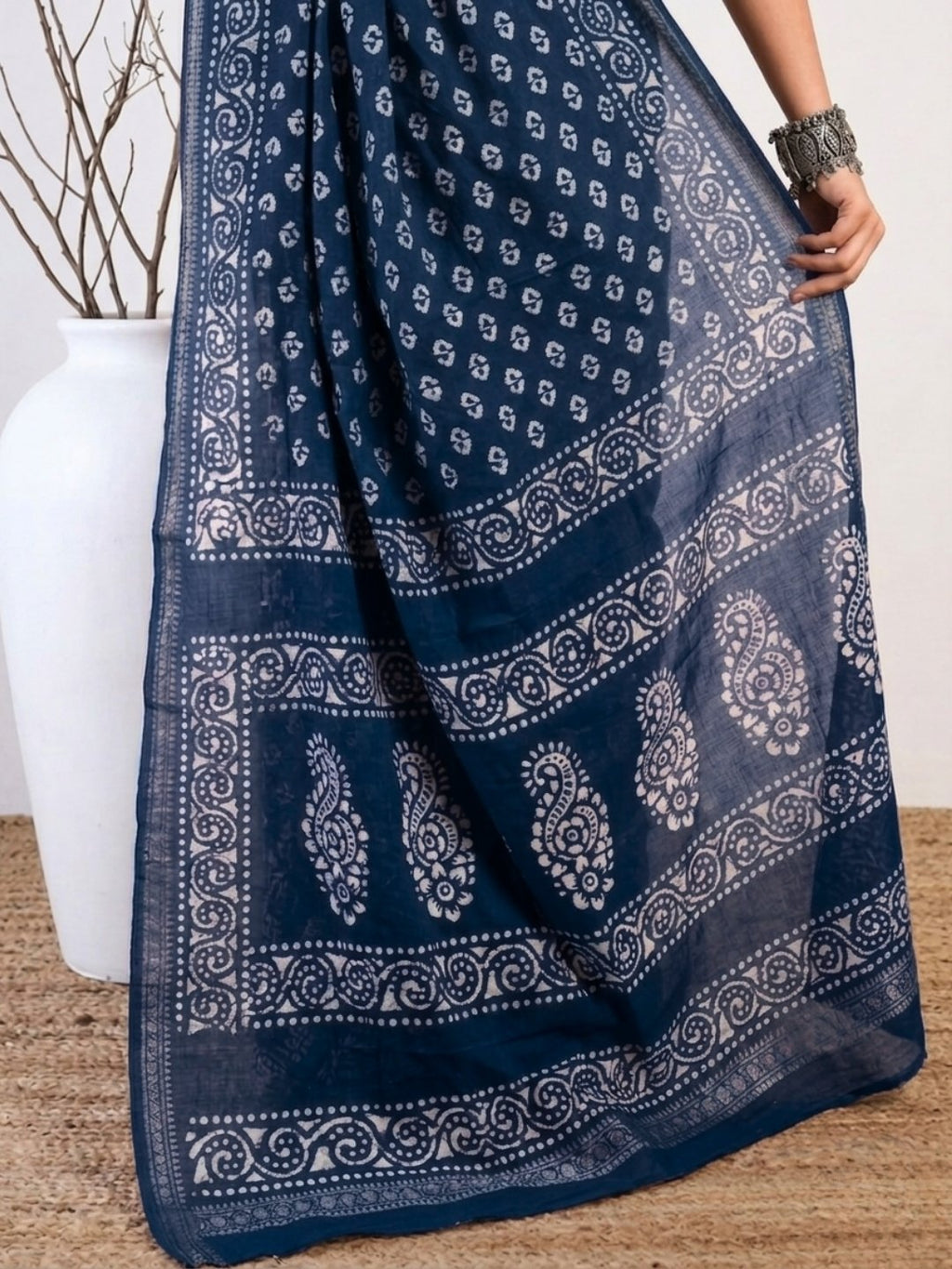 Indigo Floral Prints Cotton Batik Saree with Blouse Piece