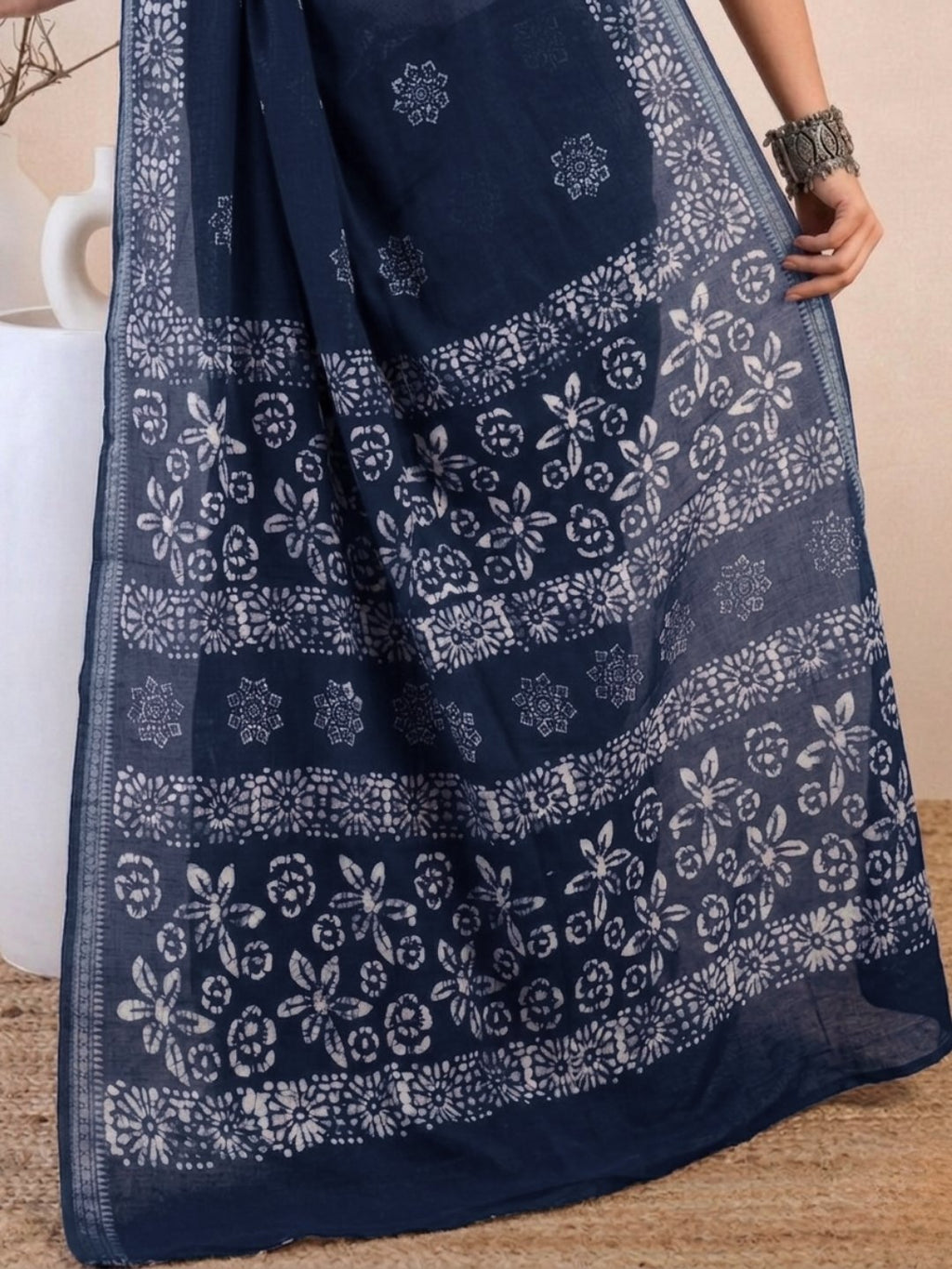 Indigo Elegant Cotton Batik Saree with Blouse Piece