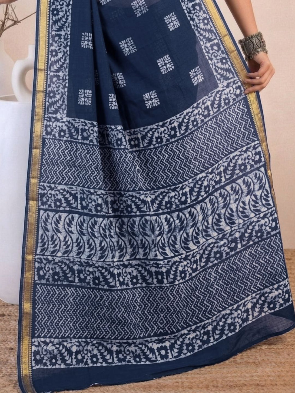 Indigo Floral Prints Cotton Batik Saree with Blouse Piece
