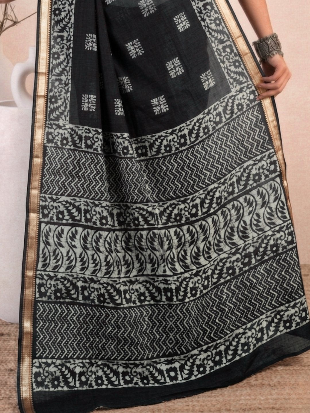 Black Premium Cotton Batik Saree with Blouse Piece
