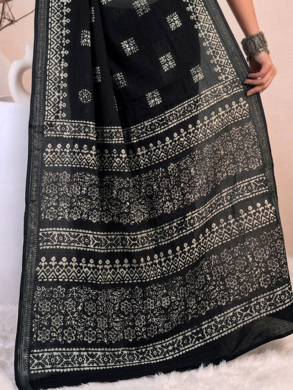 Black Traditional Cotton Batik Saree with Blouse Piece