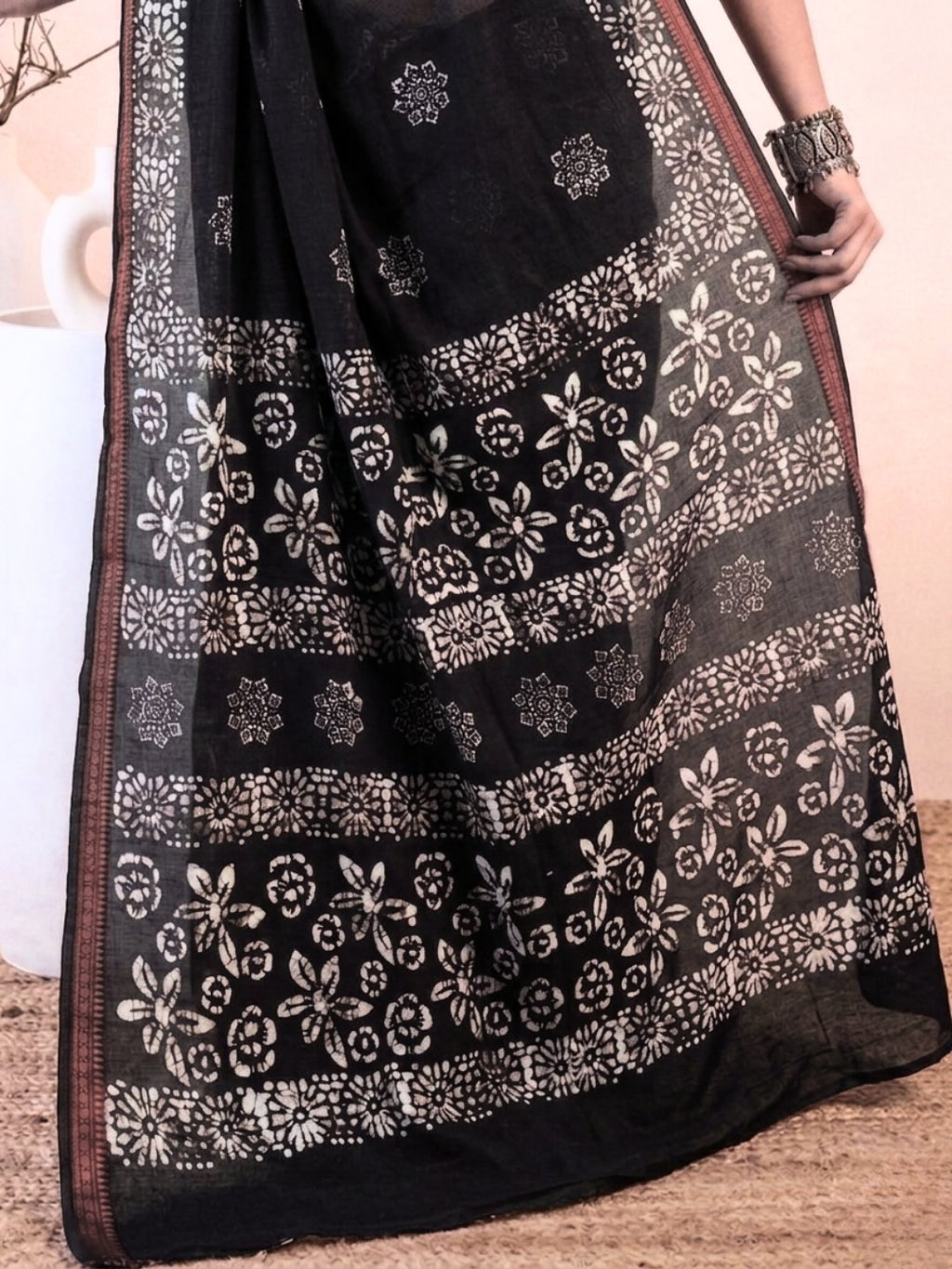 Black Traditional Cotton Batik Saree with Blouse Piece
