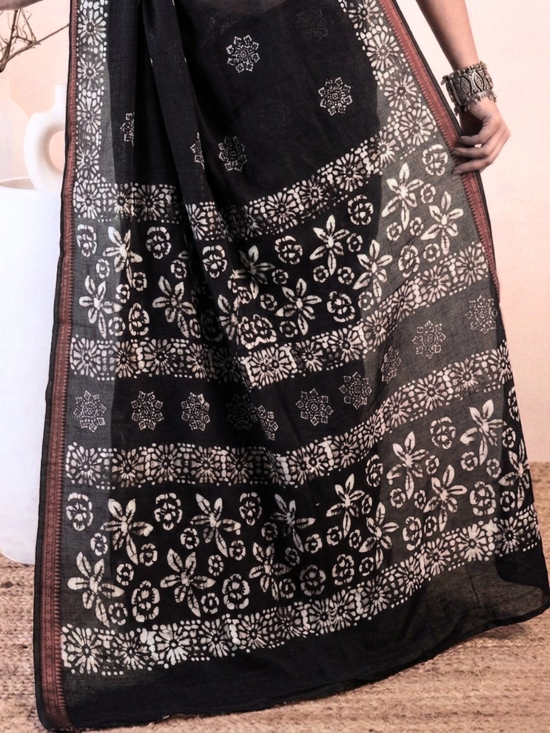 Black Traditional Cotton Batik Saree with Blouse Piece