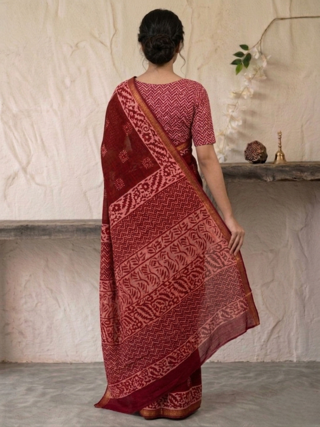 Red Ornate Cotton Batik Saree with Blouse Piece