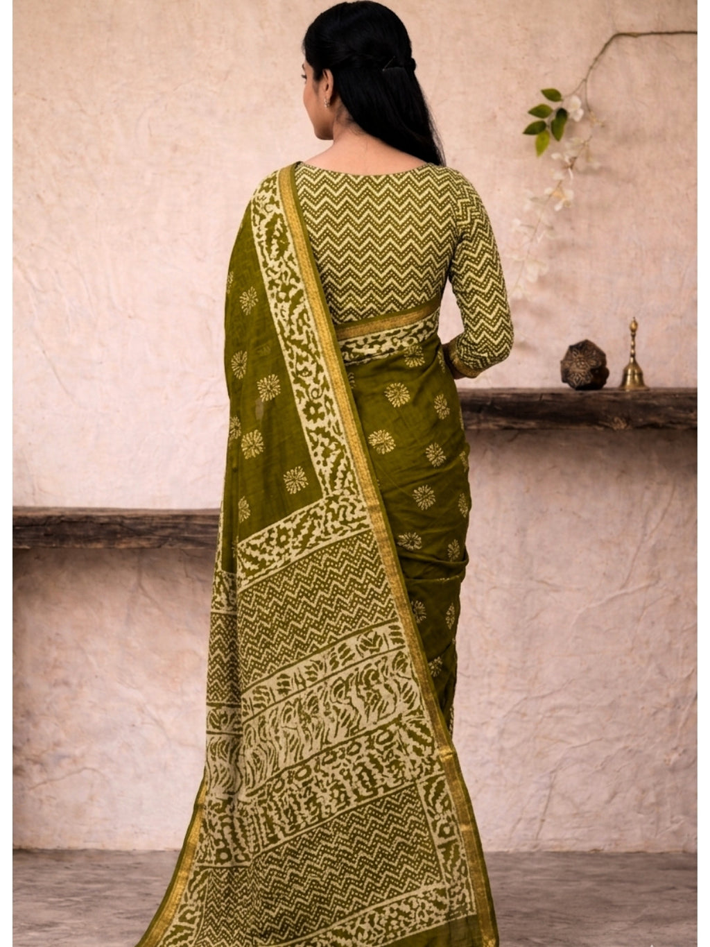 Olive Green Festive Cotton Batik Saree with Blouse Piece