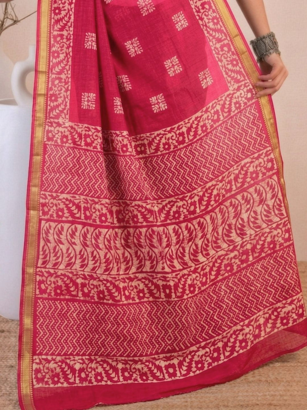 Pink Draped Cotton Batik Saree with Blouse Piece