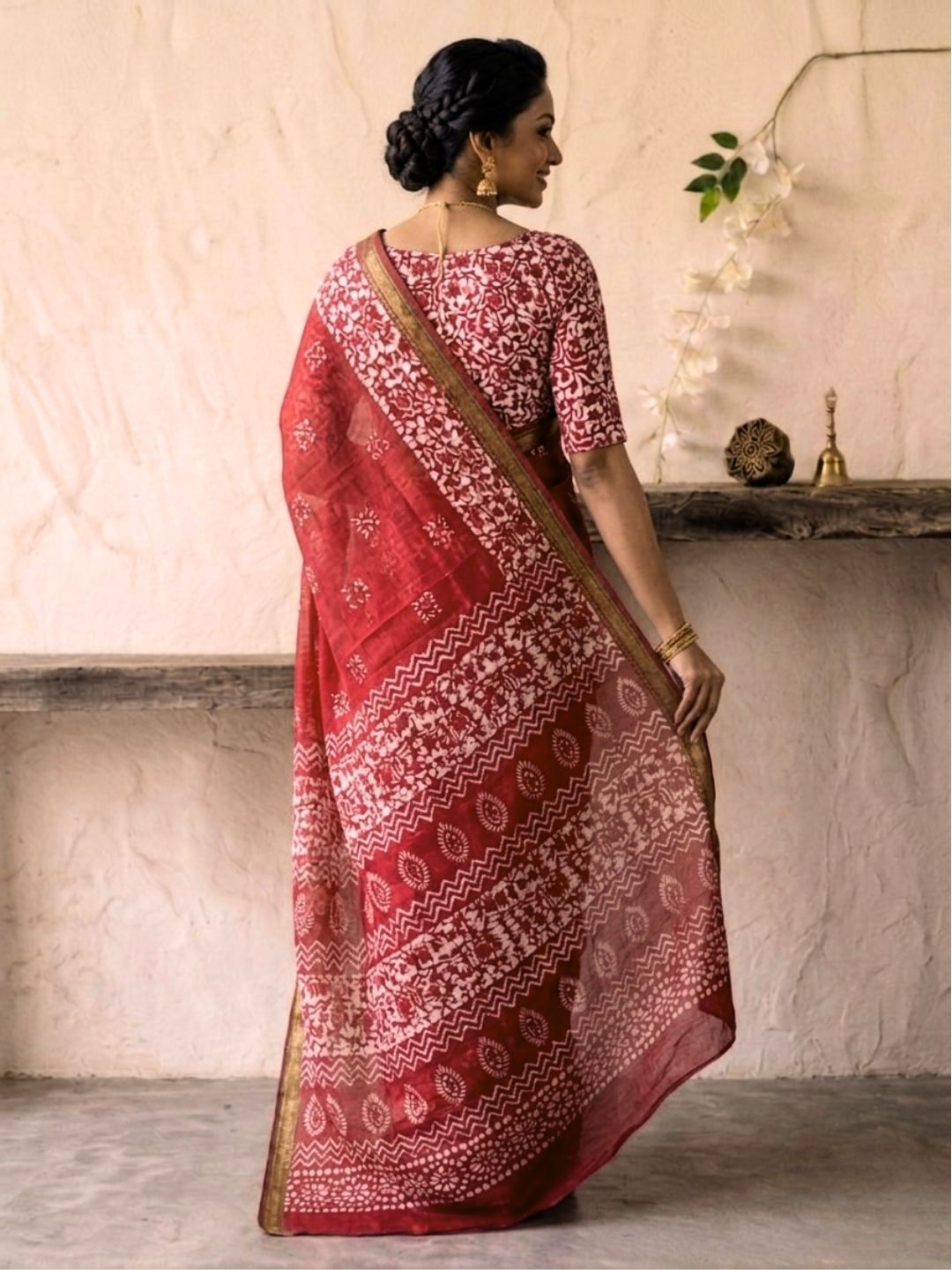 Carrot Ornamental Cotton Batik Saree with Blouse Piece