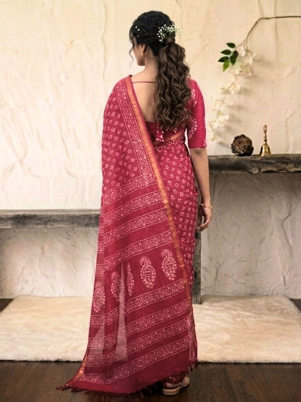 Carrot Enchanting Cotton Batik Saree with Blouse Piece