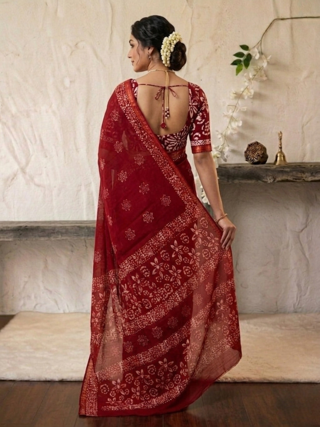 Red Sublime Cotton Batik Saree with Blouse Piece