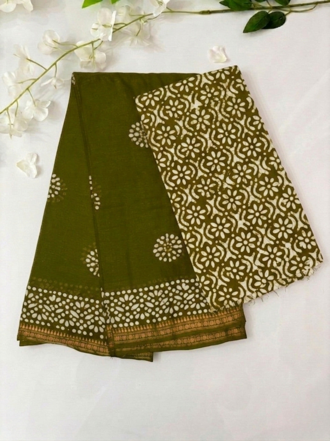 Olive Green Radiant Cotton Batik Saree with Blouse Piece