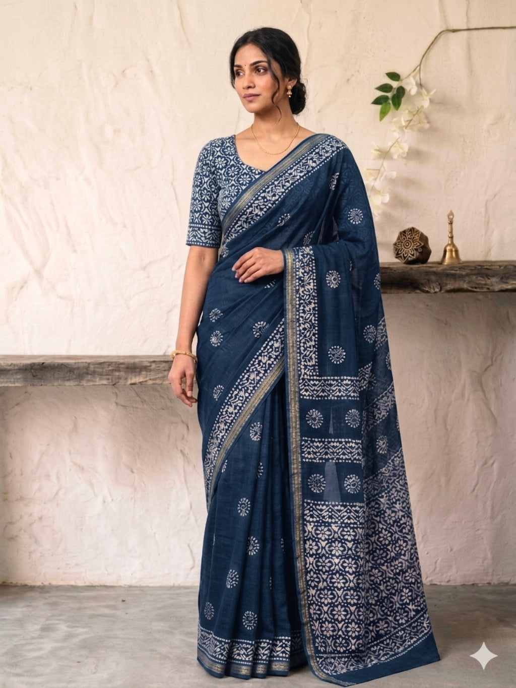 Indigo Floral Prints Cotton Batik Saree with Blouse Piece