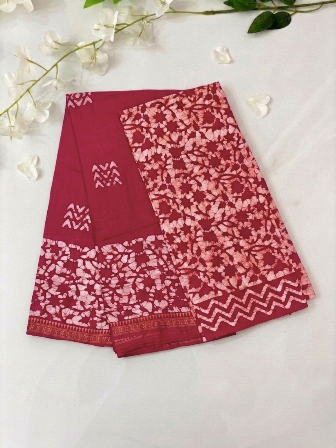 Carrot Ornamental Cotton Batik Saree with Blouse Piece