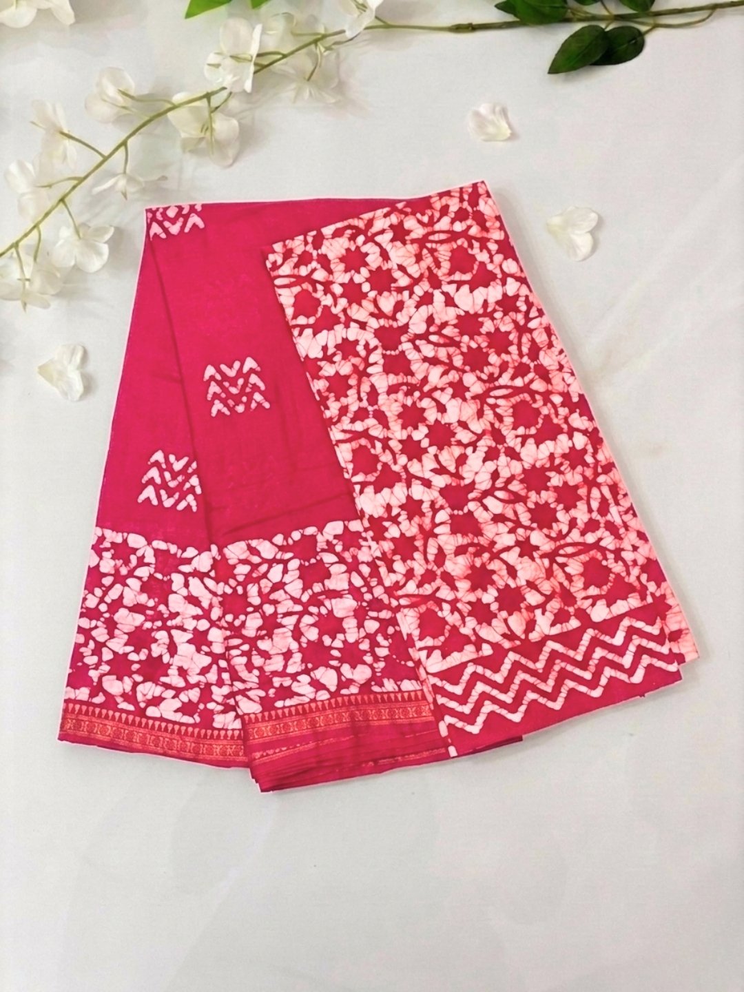 Pink Romantic Cotton Batik Saree with Blouse Piece