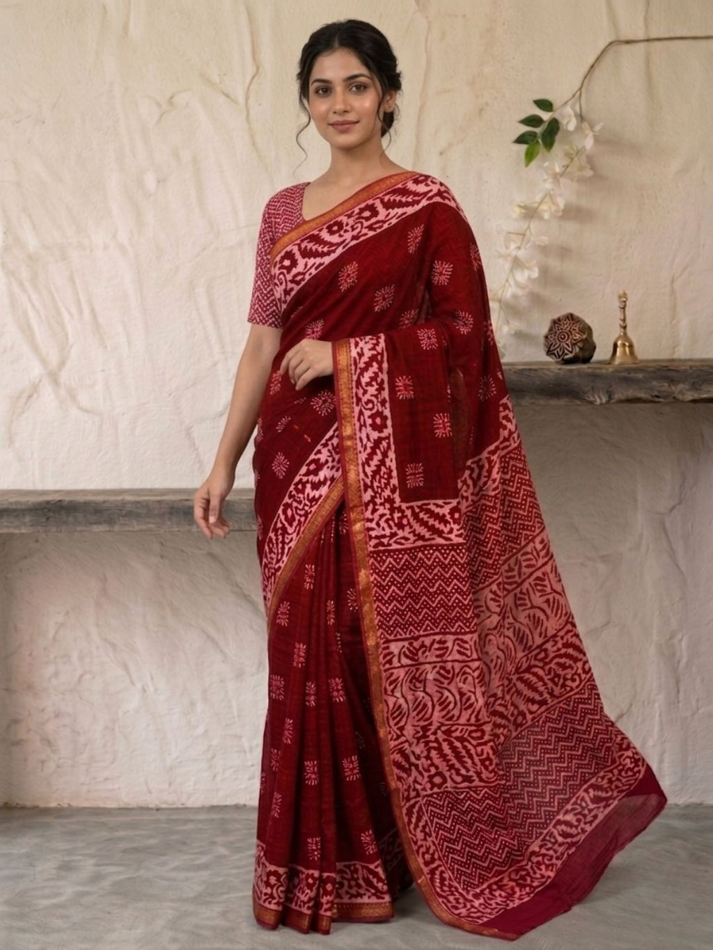 Red Ornate Cotton Batik Saree with Blouse Piece