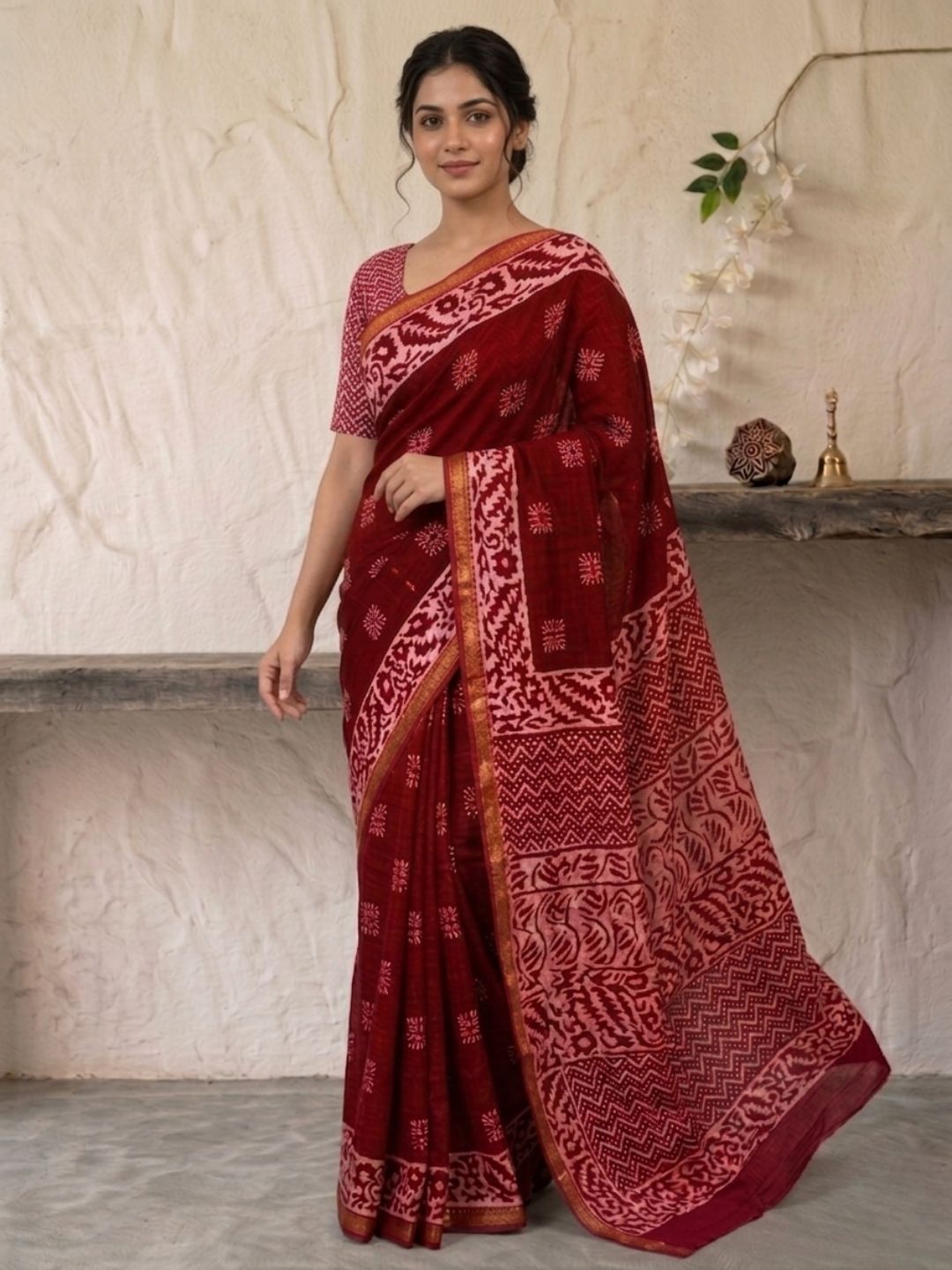 Red Ornate Cotton Batik Saree with Blouse Piece