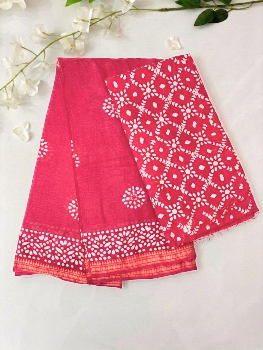 Pink Artistic Cotton Batik Saree with Blouse Piece
